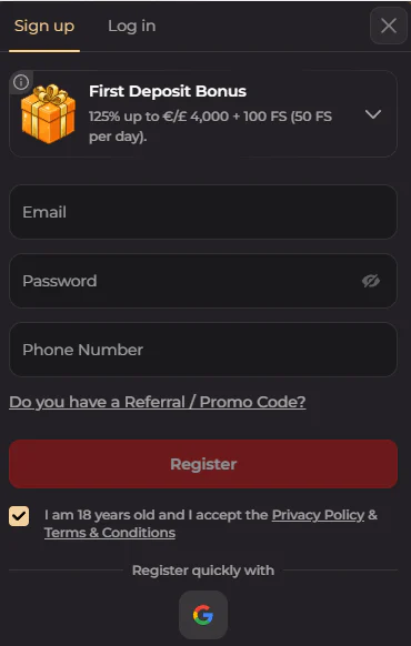 Crumbet Casino registration form with email, password, phone number and first deposit bonus